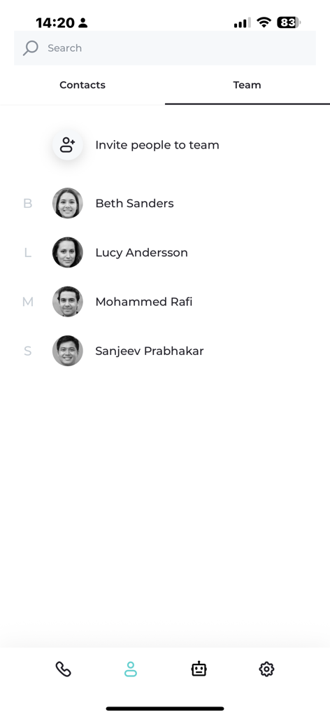 Sonetel 2.0 - Vue d'équipe de l'application Sonetel affichant une liste de contacts professionnels et une option d'invitation.