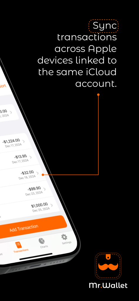 MrWallet: Money Tracker - Interfaz de la aplicación MrWallet destacando la sincronización de transacciones de iCloud en dispositivos Apple