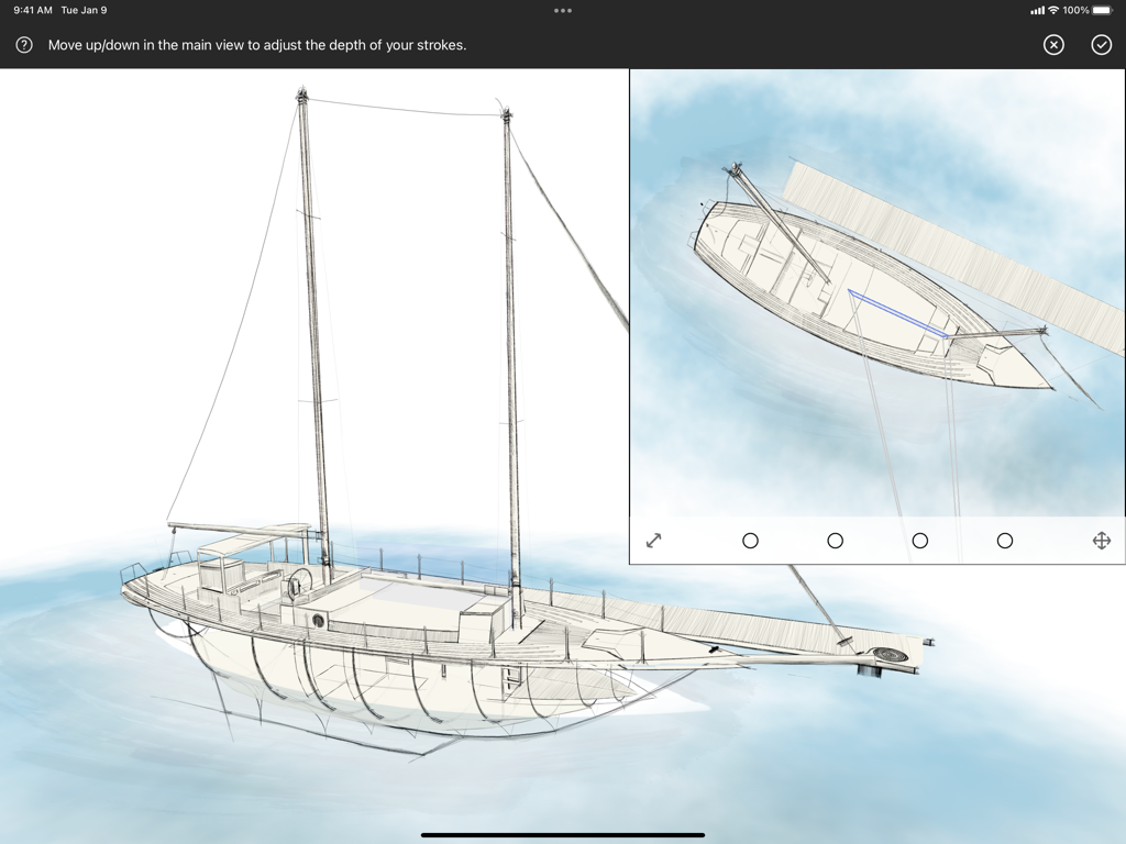 Eine räumliche 3D-Skizze eines Segelboots in der App Mental Canvas Draw.