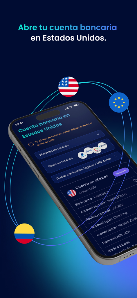 Mobile screen of the Plenti app showing USD bank account details with US European and Colombian flag icons