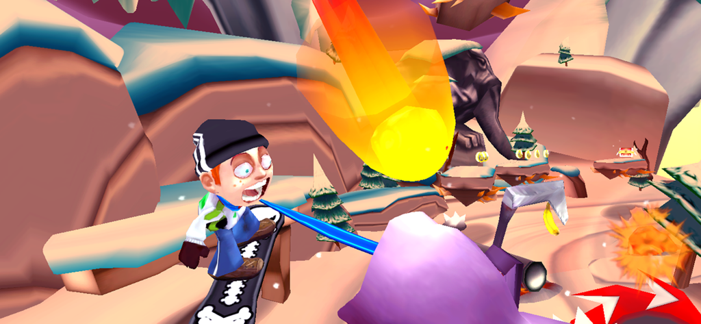 Skiing Fred - Fred haciendo snowboard en una montaña nevada mientras un gran meteorito cae del cielo.