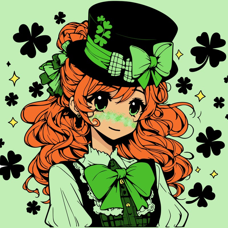 a manga-style girl with clovers around her, a little hat in her hair, like it's saint patrick's day