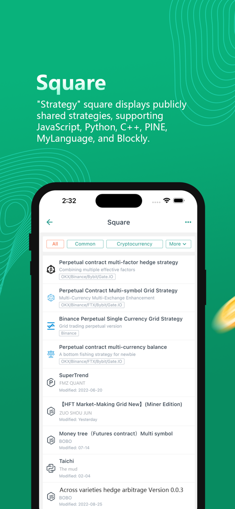 FMZ Quant - Publicly shared quantitative trading strategies list in the FMZ Quant mobile app.