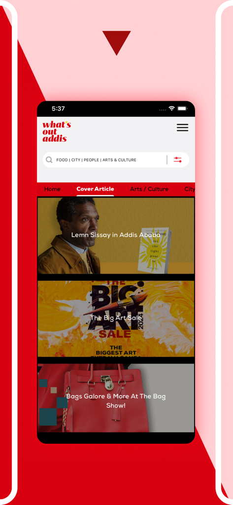 What’s Out Addis - Whats Out Addis app interface with arts and culture articles