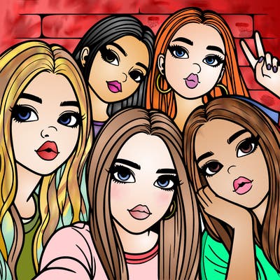 group of teen girls friends y2k up close in a selfie