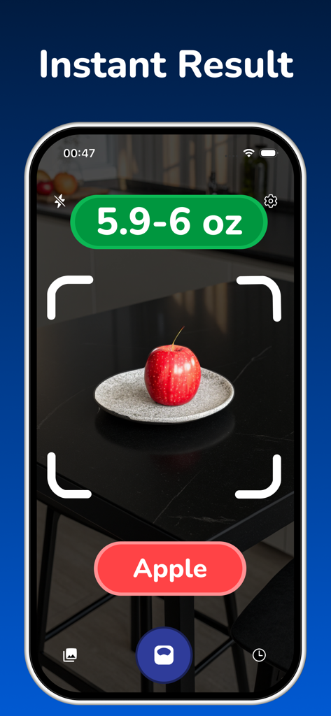 Scale For Grams - AI Estimate - Interfaz de smartphone que muestra una estimación de peso por IA para una manzana