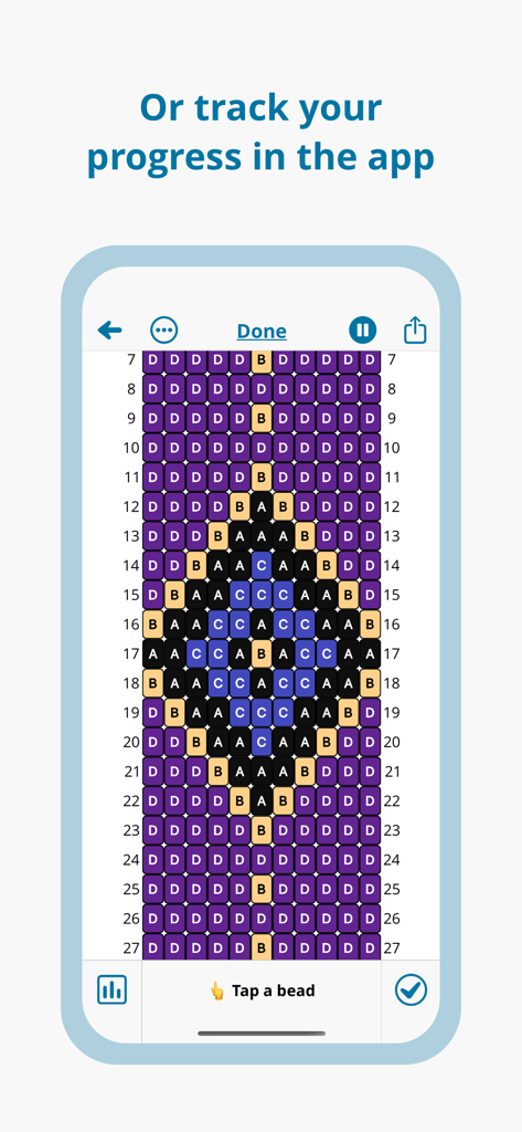 A mobile interface of the Loomerly app displaying a digital bead pattern with labeled colors to track crafting progress.