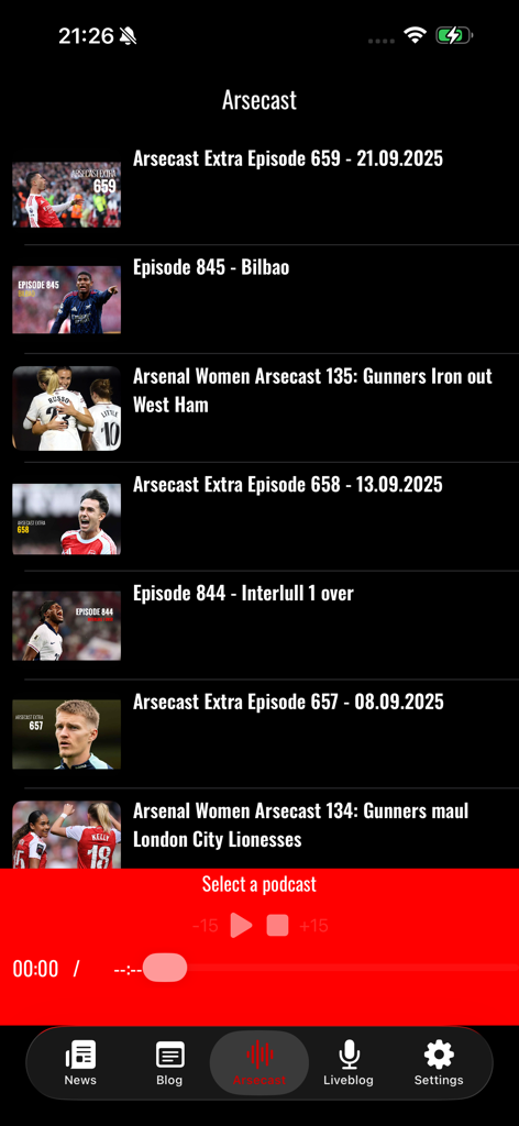 Arsecast screen showing Arsenal football podcast episodes list
