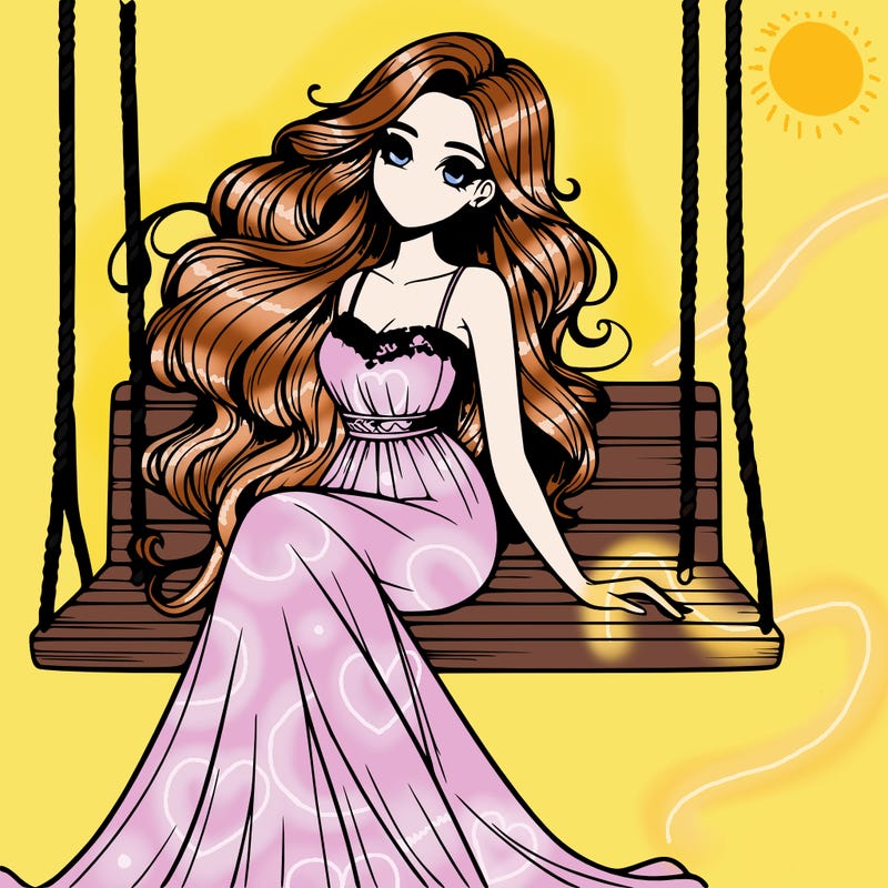 𝓐 𝔀𝓸𝓶𝓪𝓷 𝓸𝓷 𝓪 𝓹𝓻𝓮𝓽𝓽𝔂 𝔀𝓸𝓸𝓭𝓮𝓷 𝓼𝔀𝓲𝓷𝓰 𝓪𝓷𝓭 𝓼𝓱𝓮 𝓱𝓪𝓼 𝓵𝓸𝓷𝓰 𝓯𝓵𝓸𝔀𝓮𝔂 𝓱𝓪𝓲𝓻 𝔀𝓲𝓽𝓱 𝓪 𝓵𝓸𝓷𝓰 𝓭𝓻𝓮𝓼𝓼 𝓫𝓵𝓸𝔀𝓲𝓷𝓰 𝓲𝓷 𝓽𝓱𝓮 𝔀𝓲𝓷𝓭