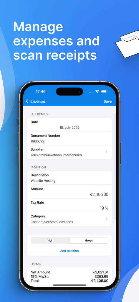 Mobile screen of the BillMore app displaying business expense tracking and receipt management features