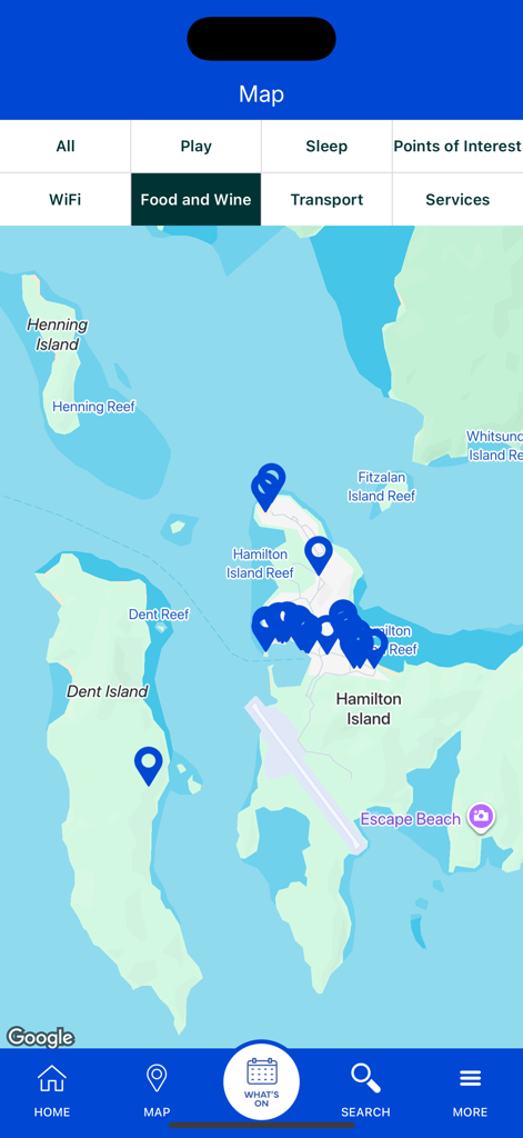 해밀턴 아일랜드 앱 지도 인터페이스에 음식 및 와인 장소와 위치 핀 표시