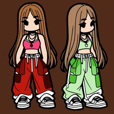 girl in baggy pants crop top and long hair