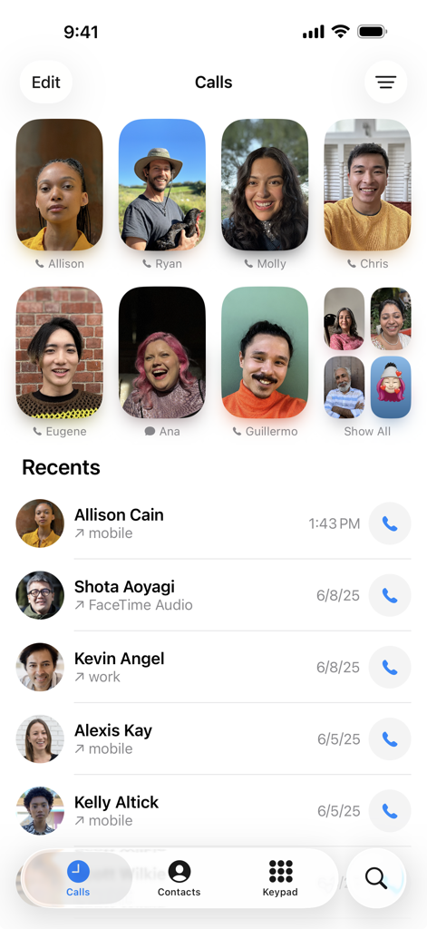 Phone - Pantalla de la app Teléfono de Apple que muestra contactos favoritos y llamadas recientes