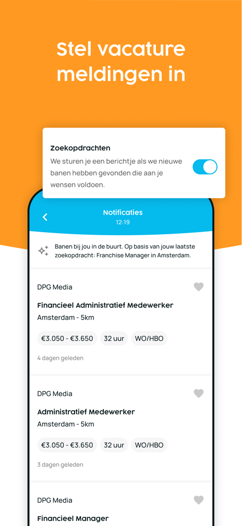 Nationale Vacaturebank App-Bildschirm, der zeigt, wie man Jobbenachrichtigungen einrichtet, und eine Liste neuer Stellenangebotsbenachrichtigungen