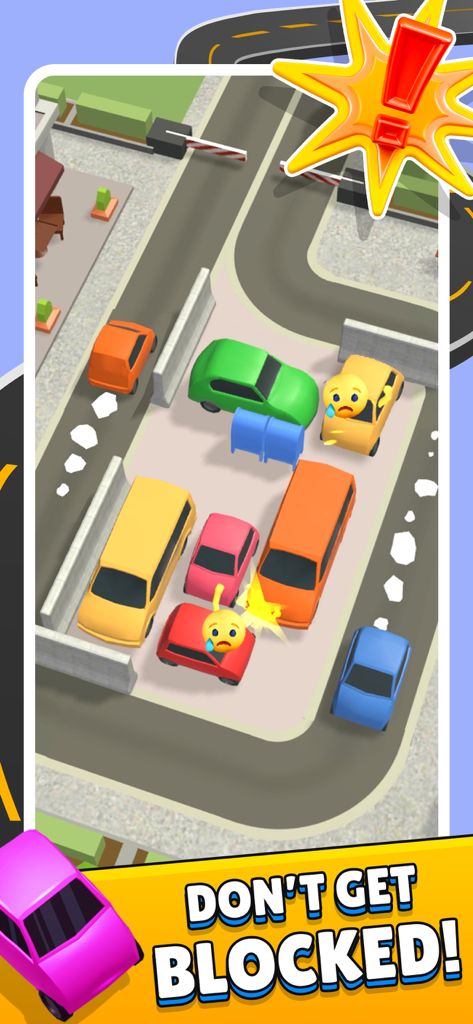 Car Parking 3D: Traffic Escape - A 3D mobile puzzle game screen showing colorful cars stuck in a parking jam with sad emojis and the text Dont Get Blocked