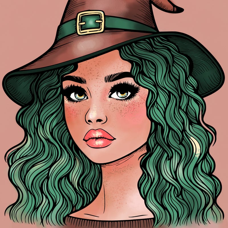 realistic girl with wavy hair a witch hat and a nose and lips and eyes