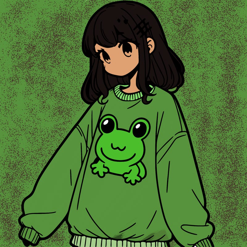 girl wearing frogging sweatshirt
