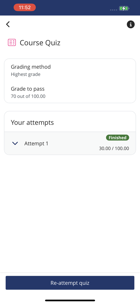 Course quiz results screen showing grade to pass and attempt history in The Institutes QuizMe app.