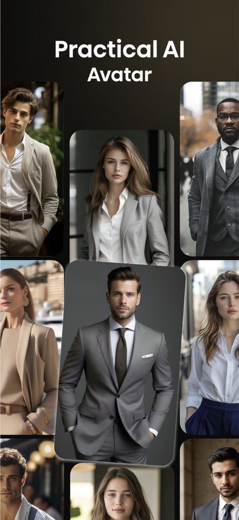 Headshot Ai: Business Photo - Eine Collage, die verschiedene KI-generierte professionelle Porträts von Männern und Frauen in Business-Kleidung zeigt