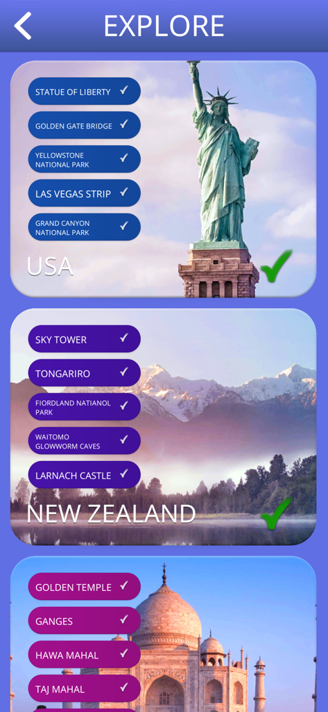 A screen in the Words of Wonders Search app showing unlocked travel destinations like the USA New Zealand and India