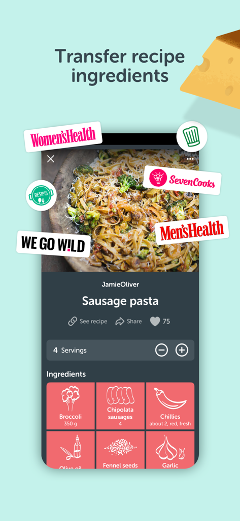 Pantalla de receta de la app Bring que muestra ingredientes para pasta con salchicha en vista de fichas