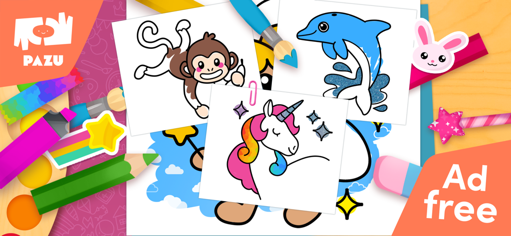 Juegos de colorear sin anuncios para niños con un mono, delfín y unicornio
