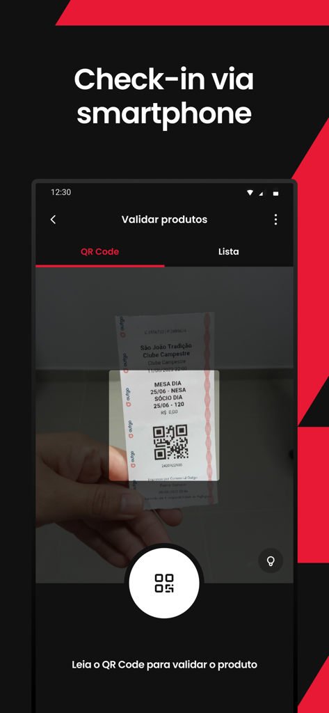 Outgo - Crie e viva eventos - スマートフォンでイベントチケットの検証のためにQRコードスキャンを表示するOutgoアプリインターフェイス。