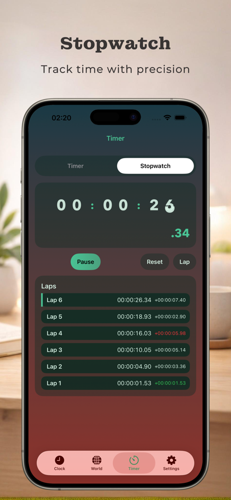 Flipora app stopwatch interface with recorded laps on an iPhone