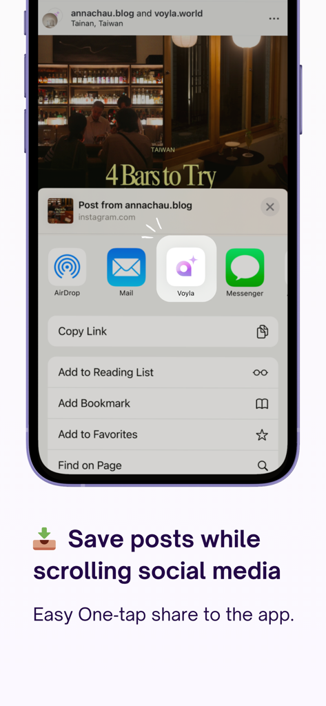 Voyla! Map Your Inspiration - iPhone screen showing the Voyla app icon in the iOS share menu to save an Instagram post