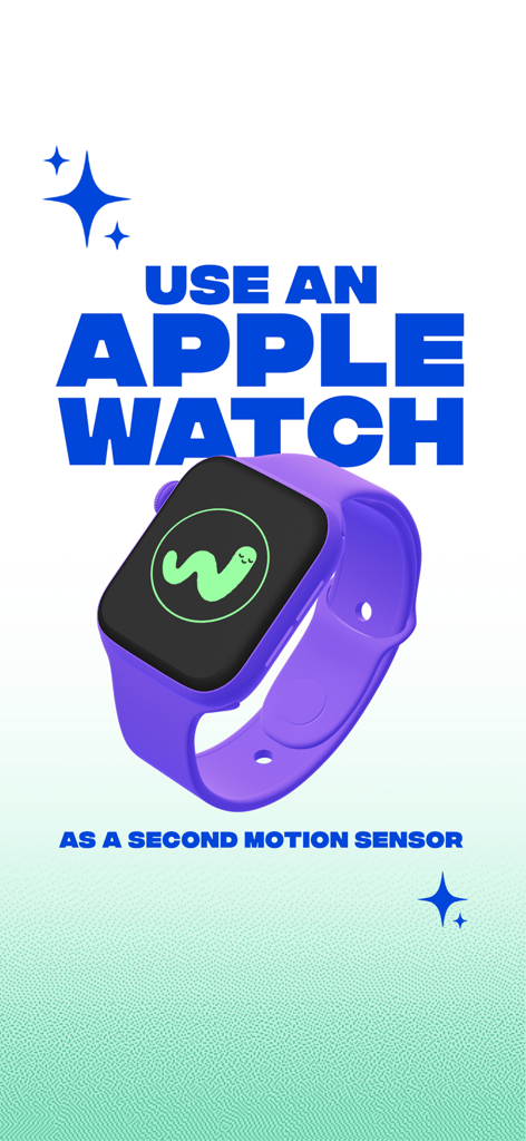 WORM.dance - A purple Apple Watch displaying the WORM.dance logo with text explaining its use as a motion sensor.