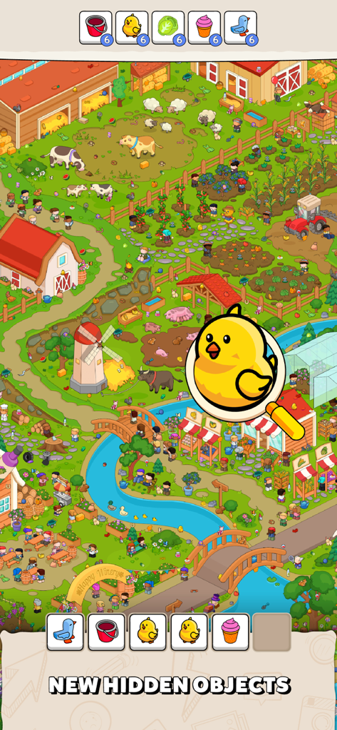 Gameplay screenshot of Where Is Find Hidden Objects showing a farm scene and a magnifying glass highlighting a hidden chick