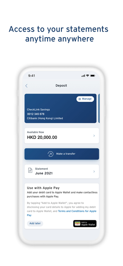 Interfaz de la aplicación móvil Citibank HK que muestra el saldo de una cuenta de ahorros en HKD y acceso a extractos mensuales.