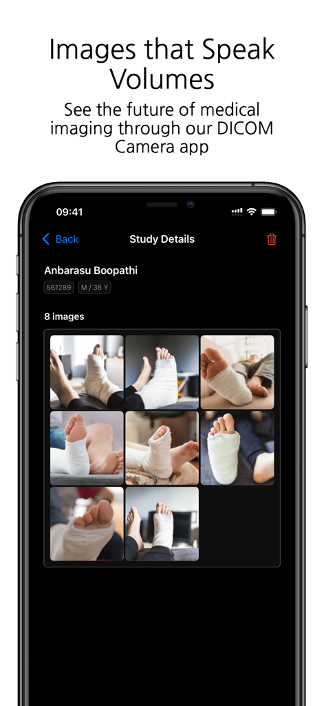 DICOM Camera - DICOM Camera app showing medical study details and patient photo grid