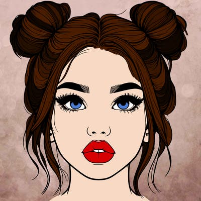 realistic girl with two buns on her hair and lips