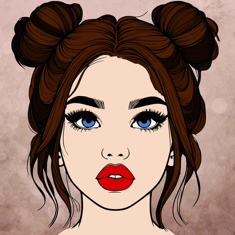 realistic girl with two buns on her hair and lips