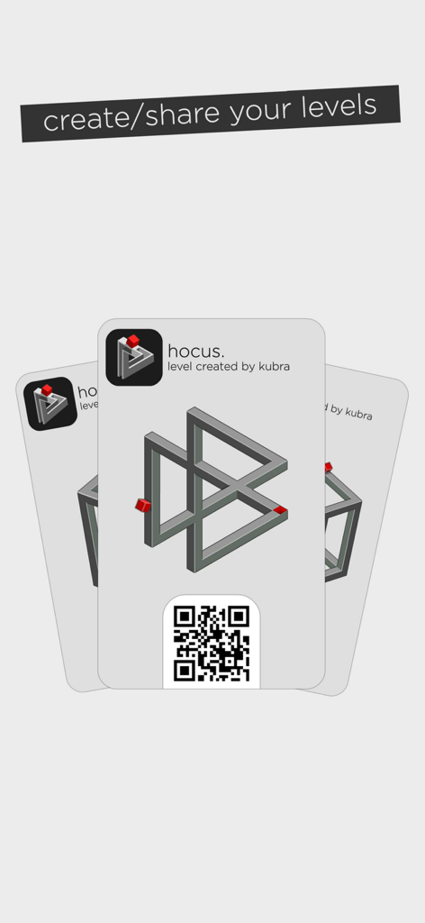 hocus. - Screenshot of hocus level cards showing impossible geometric shapes and QR codes for sharing custom levels.