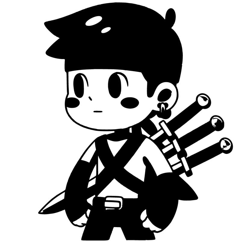 boy with short green hair, 3 swords, green hip warmer, green bandana, no shirt, earring on left ear