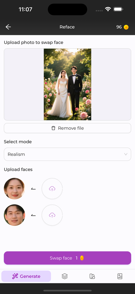 MOJO AI - MOJO AI app interface for the Reface feature showing a wedding photo and options to upload faces for an AI face swap in realism mode.