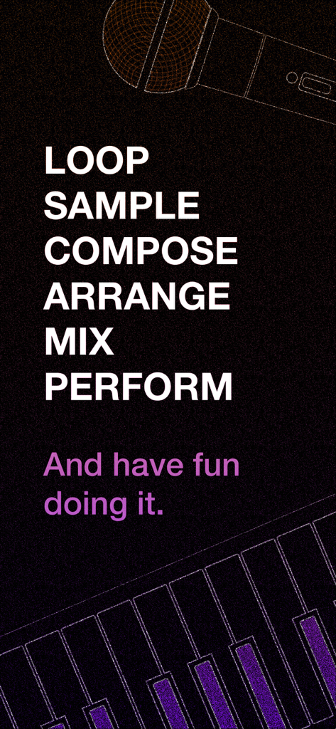 Loopy Pro: Looper DAW Sampler - Grafica promozionale per Loopy Pro che elenca le funzionalità di produzione musicale tra cui loop, sample, composizione, arrangiamento, mixaggio ed esecuzione