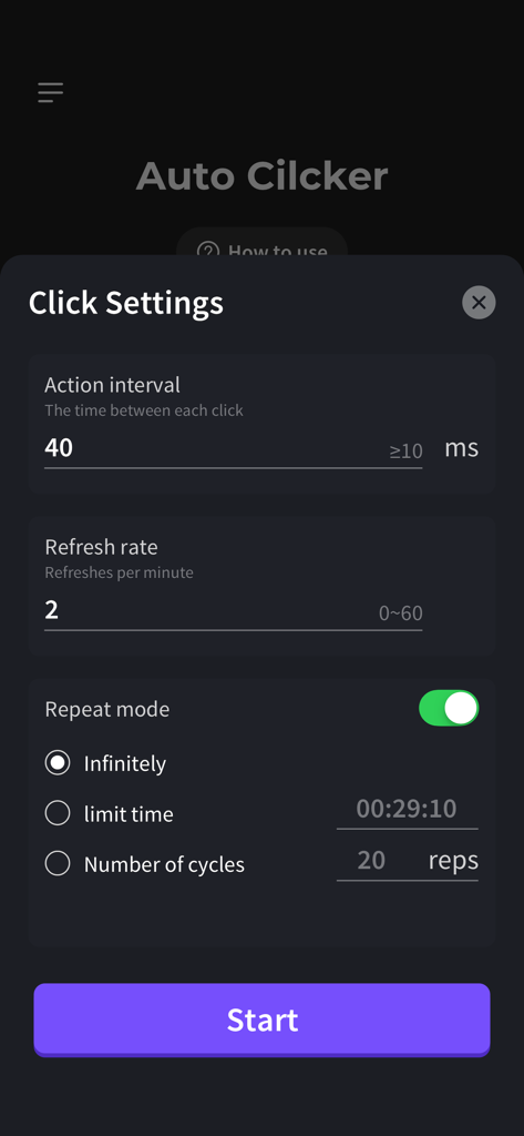Screenshot of Auto Clicker app click settings showing action interval refresh rate and repeat mode options