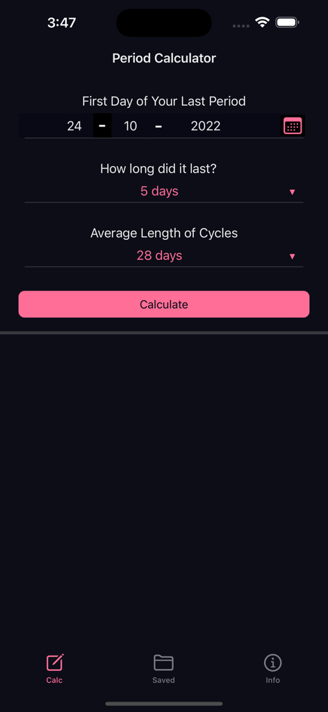Interfaccia dell'app Calcolatrice Ciclo che mostra gli input per la data dell'ultima mestruazione e la durata del ciclo.