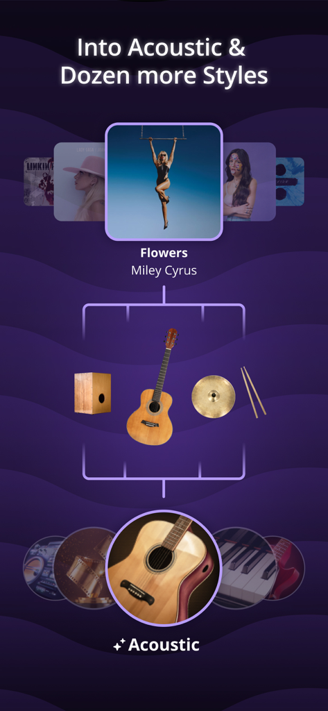 Mixit: Sing & Create Covers - Mixit app interface showing the feature to transform a popular song into an acoustic style cover.