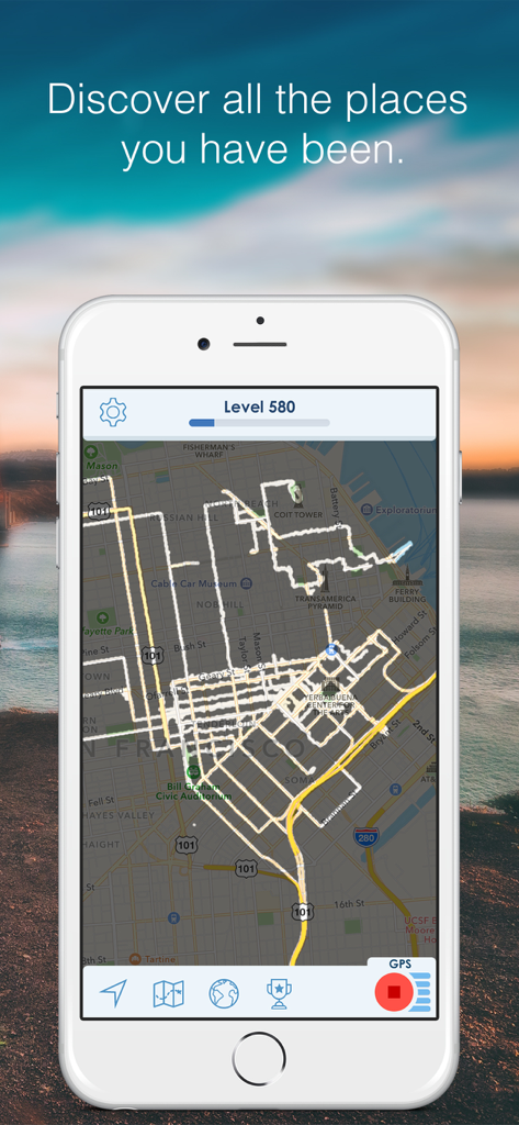 Die World Uncovered App zeigt eine verfolgte Reiseroute auf einer Karte von San Francisco