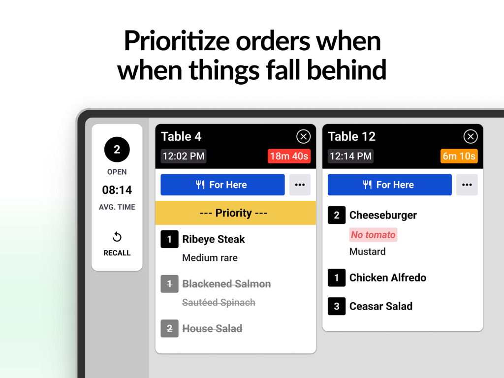 Fresh KDS | #1 Kitchen Display - Fresh KDS interface showing prioritized kitchen orders and wait times on a tablet display.