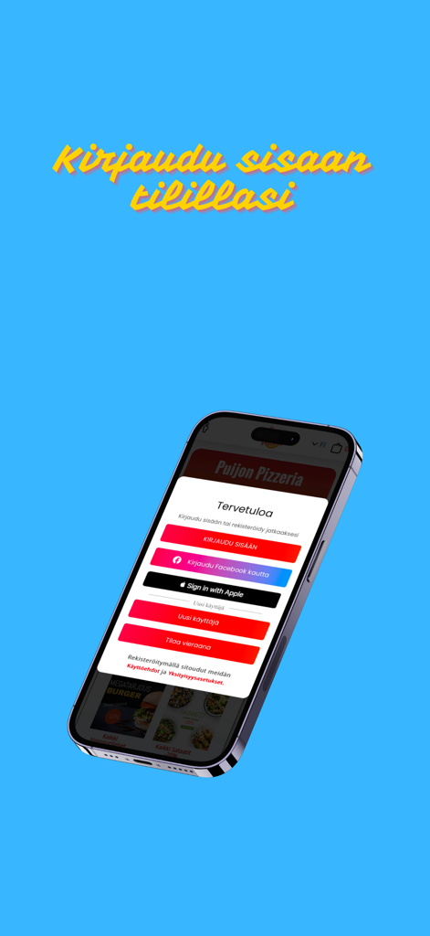Puijon Pizzeria - Login screen of the Puijon Pizzeria mobile app on a smartphone with various sign-in options and guest access