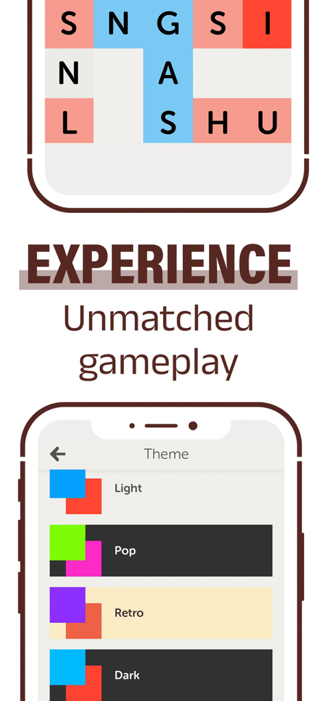 Letterpress – Word Game - Letterpress word game interface showing a colored tile game board and the theme selection menu with Light Pop Retro and Dark options.