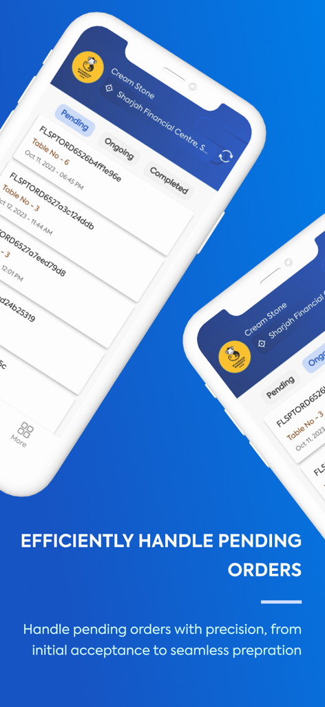 Mobile app interface showing a list of pending restaurant orders for kitchen staff