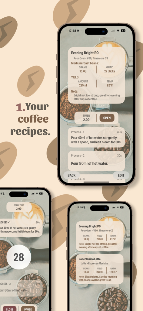 Coffee Buff - Capturas de pantalla de la aplicación Coffee Buff que muestran recetas detalladas de café y un temporizador de preparación para baristas caseros.