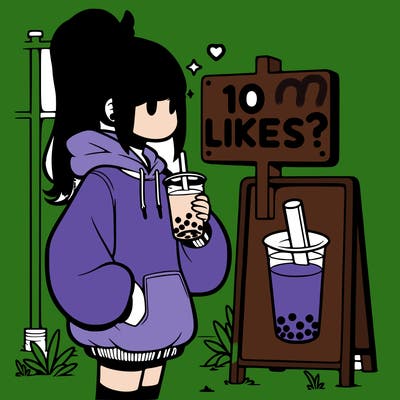 girl with oversized hoodie drinking boba and she has a high ponytail with a sign that says 10likes?
