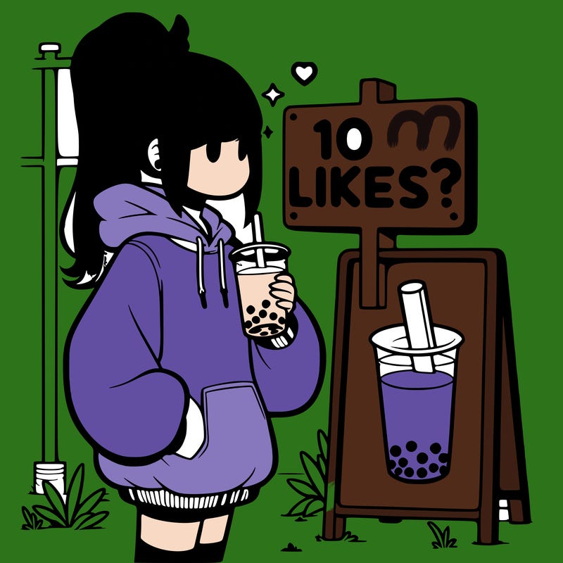 girl with oversized hoodie drinking boba and she has a high ponytail with a sign that says 10likes?